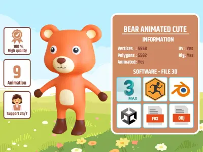High-Quality 3D Cute Bear Animated for Games Low-poly 3D model
