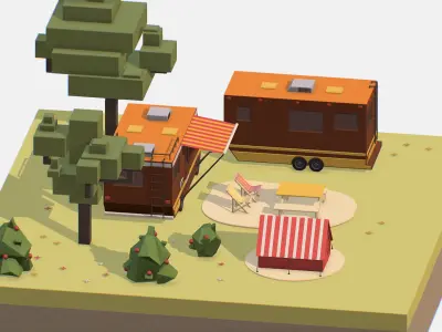 brown tourist van on halt in meadow Low-poly 3D model