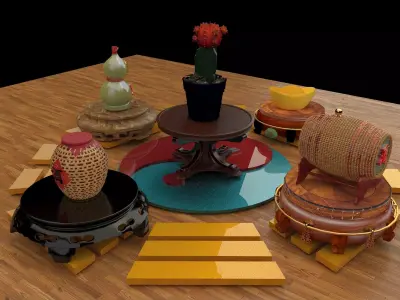 Chinese display stand  with cactus  3D model