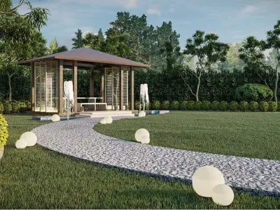 Luxury garden plant of contemporary house  Low-poly 3D model