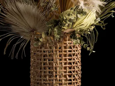 Bouquets of dried flowers with palm leaves in a basket 3D model