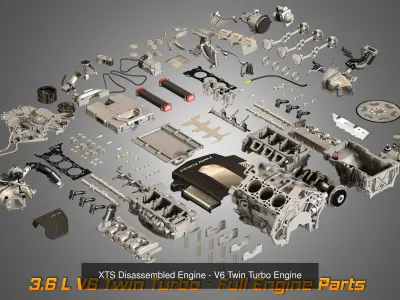 XTS - V6 Twin Turbo Full Engine with  Disassembled Full Parts  3D Model Collection