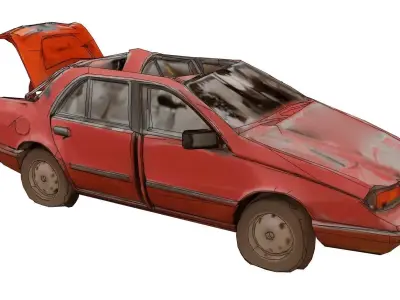 Derelict red car amid debris 3D model