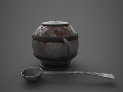Medieval Tavern Soup pot and Spoon Free low-poly 3D model