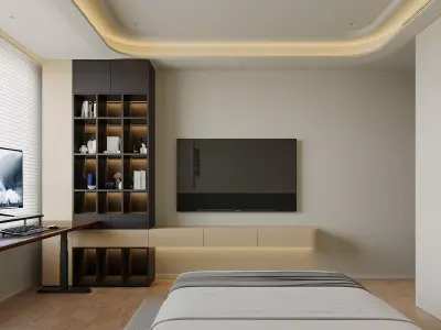 Modern living room dining room and bedroom interior scene 3D model