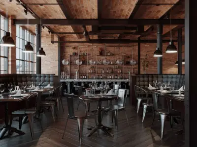 Industrial style restaurant interior Low-poly 3D model