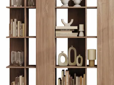 Wooden Shelves Decorative With Book and Plants - Wooden Rack 18 3D model