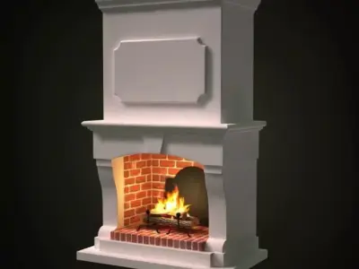 White Wooden Brick Fireplace 3D model