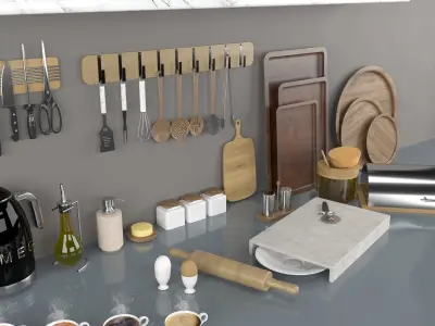 Kitchen collection utensils on shelves Free 3D model