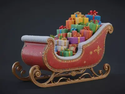 Santa Sleigh 3D Model  Christmas Sleigh with Gifts  Game-Ready 3D model