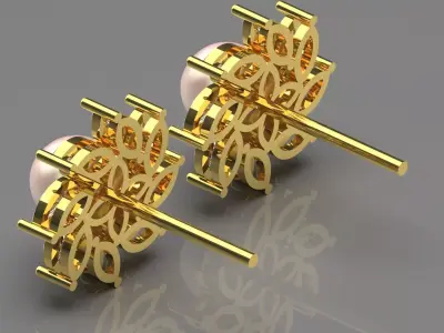 Gold flower design stud earring with pearl diamonds  modelpe0046 3D print model