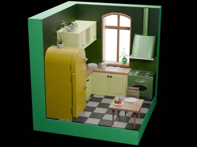 Cozy vintage kitchen  Low-poly 3D model