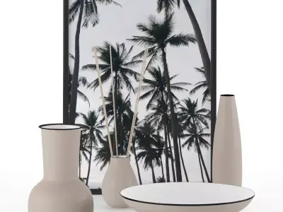 Decorative Set three vases and picture of palm trees 3D model