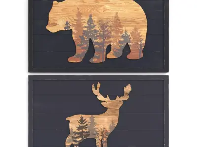 Rustic Grizzly Bear and Forest Deer Wood  Wall Decor 3D model