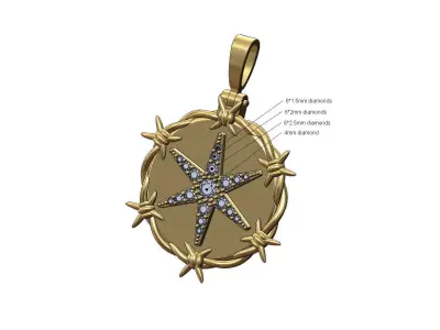 Star diamond cluster barbwire thornes pendant with bail 3D print model