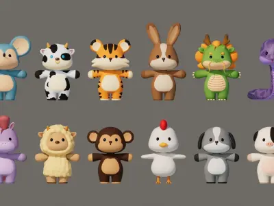 Rigged Cartoon Animals Collection Pack-001 Low-poly 3D model