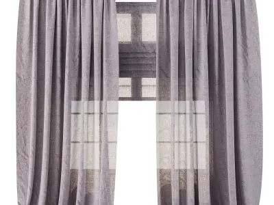 Classic Linen Curtain Set with Metal Rings and Roman shade 63 3D model
