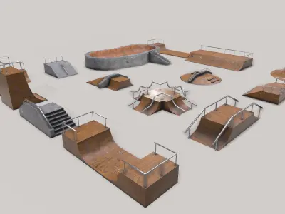 Lowpoly Modular Skatepark - 13 different ramps Low-poly 3D model