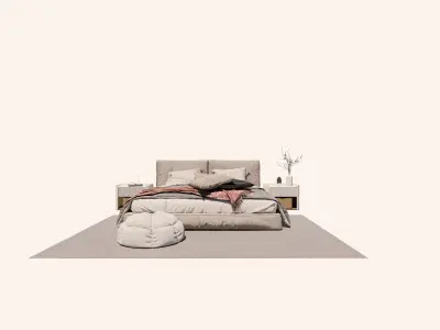 Double Bed with Nightstands - Modern Bedroom Set - Fabric - Wood 3D model