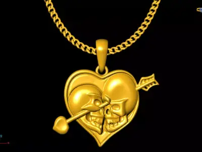 Skull kiss Heart pendant charms - one inch pendant 3D print model