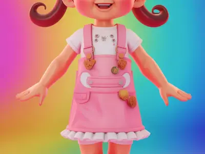 Cute Cartoon Girl 3D Playful Character Pink Overalls Buns Low-poly 3D model
