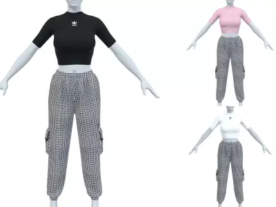  Adidas Originals Crop T-Shirt Top and Gingham Track Pants Low-poly 3D model