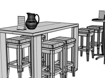 Wooden scandinavian tables and stools 3D model