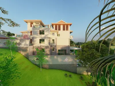 A Chinese style villa built on the mountain 3D model