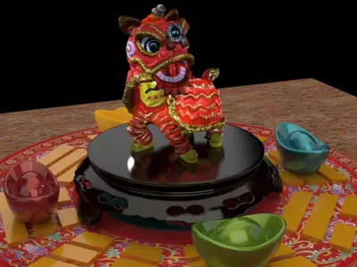 Chinese lion dance figure and yuanbao  3D model