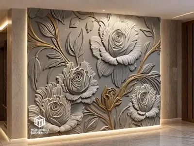 modern rose panel wall decor set relief stl mural CNC 295  3D model
