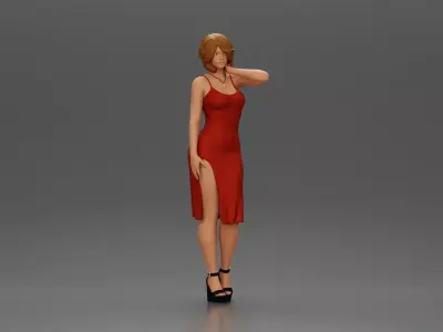 Girl in mini dress and heels with short hair places hand on neck 3D print model