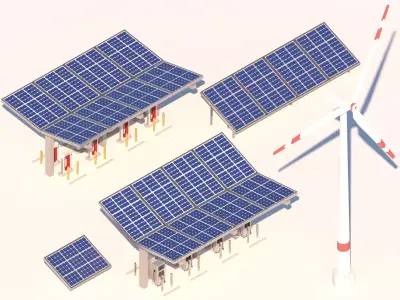 Cartoon Solar Panel Wind Turbine Electric Vehicle Charger Low-poly 3D model