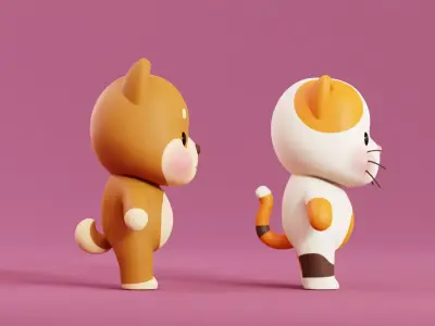 Cartoon Cat and Dog Shiba Chibi Kawaii Characters  Animals Pack  Low-poly 3D model