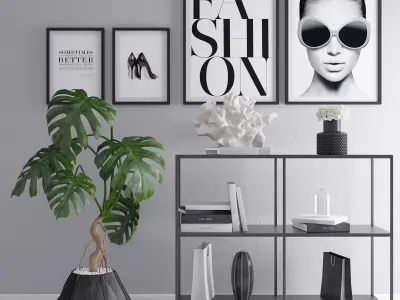 Decoration set three framed pictures on shelf with potted plant 3D model