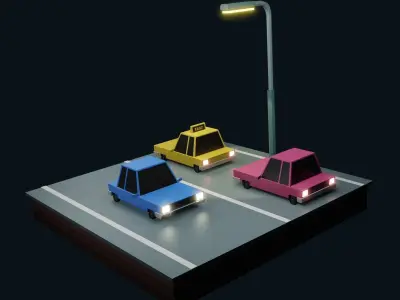 Low poly Car three colorful cars on street Low-poly 3D model