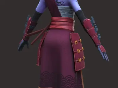 Oni-girl samurai woman with hair and eyes Low-poly 3D model