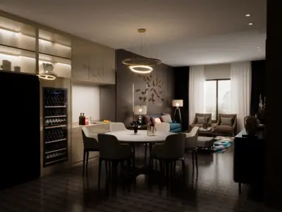 modern living room and kitchen interior design with furniture 3D model