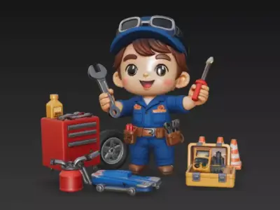 Cute Chibi Garage Mechanic Kid with Tools - 3D Character Low-poly 3D model