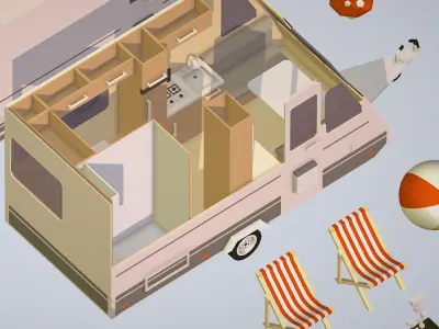 isometric camping van car parked with barbecue Low-poly 3D model