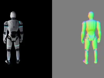 humanoid robot metallic body with blue glowing strips Free low-poly 3D model