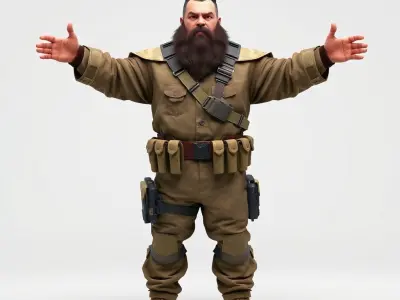 Bearded Soldier D Model with Tactical Gear for Games Low-poly 3D model