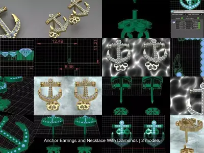 Anchor Earrings and Necklace With Diamonds 3D Model Pack