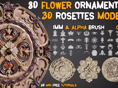 80 Flower Ornaments and 30 Rosettes 3D Model  Tutorials  Vol 8   Low-poly 3D model