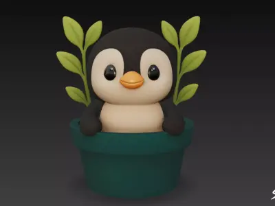 Penguin in Flower Pot Low-poly 3D model