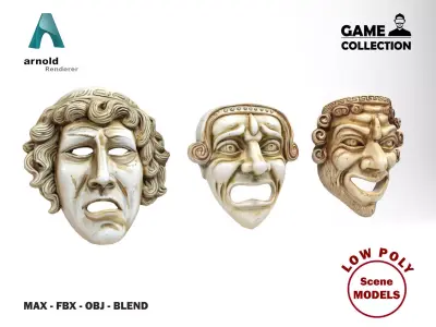  Greek theater masks 2 Low-poly 3D model