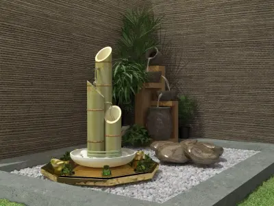 Chinese gold ingot in garden with bamboo water clay 3D model