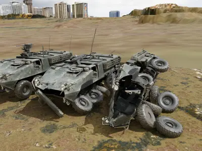 Stryker Armored Vehicle 3 Models Clean to Ruined Low-poly 3D model