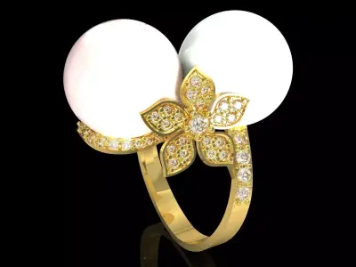 Dual Pearl Paved Flower stl 3dm jewelry Ring model pr0073 3D print model