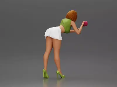 Woman in green top and white skirt washing car with sponge 3D print model