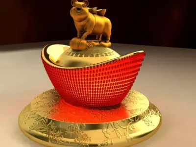 Chinese Gold Ingot with Golden pig 3D model